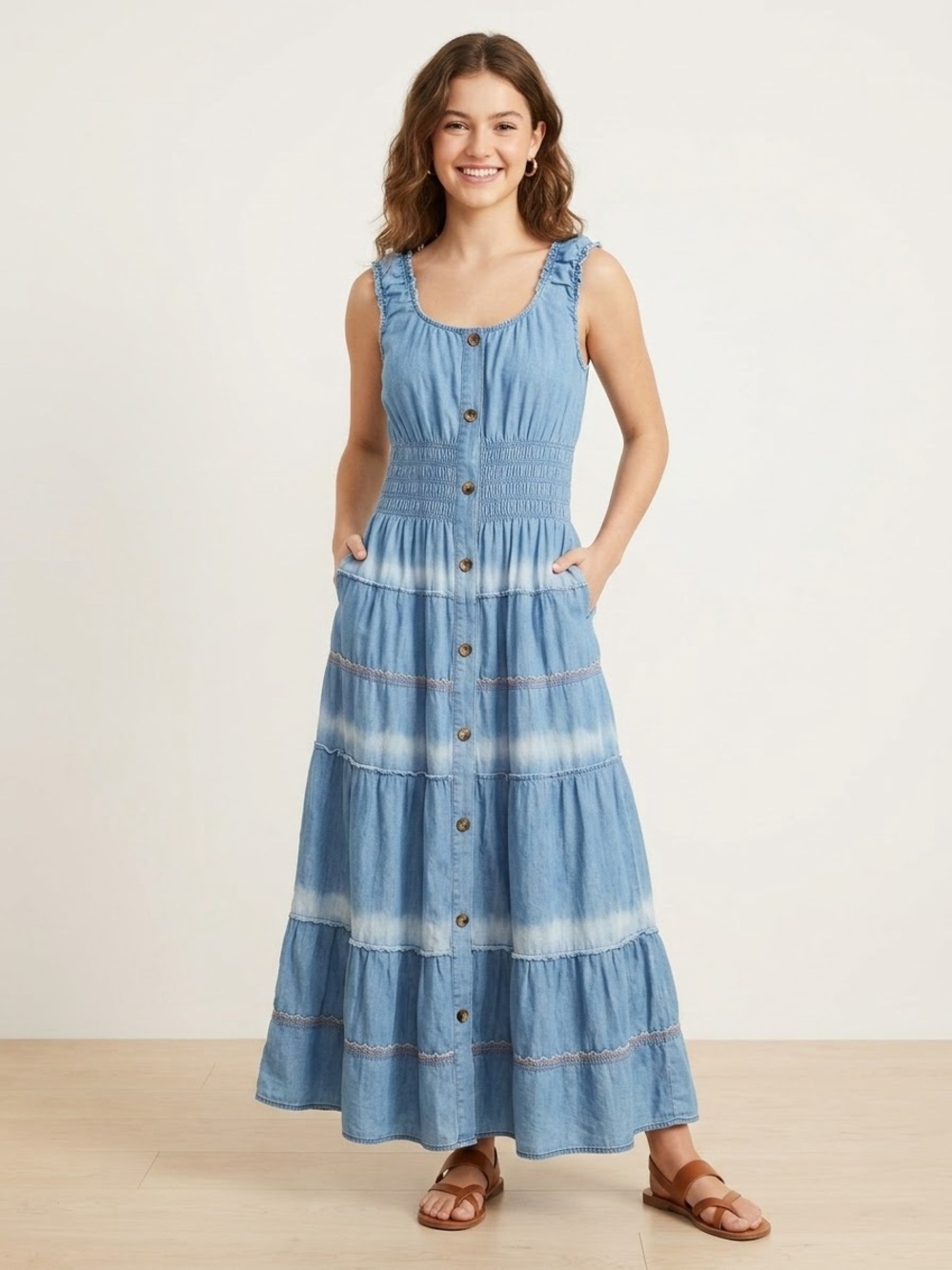 Vintage Y2K Lapis Light Blue Denim Tiered Button-Front Maxi Dress, Size Large